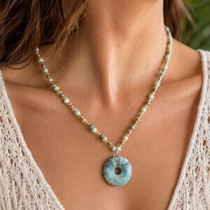 Boho Beaded Stone Donut Pendant Necklace Aqua Green Artisan Statement